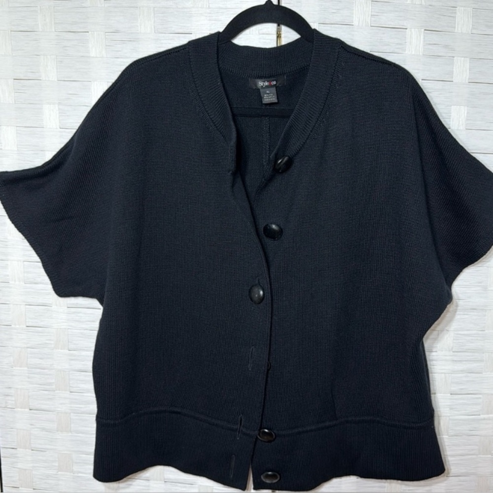 Style & Co Black Button Down Tapered Short Sleeve Sweater Size XL